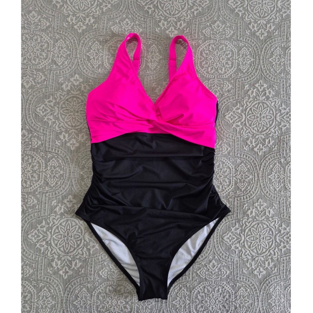 Holipick Womens One Piece Swimsuit Pink Black Ruched Tummy Control V-Neck Size L